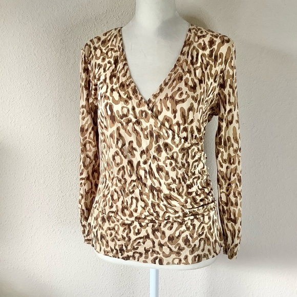 Vintage CACHE Silk Blouse Top Faux Wrap V-neck Animal Print 90s Y2K Old Money L - Picture 1 of 11